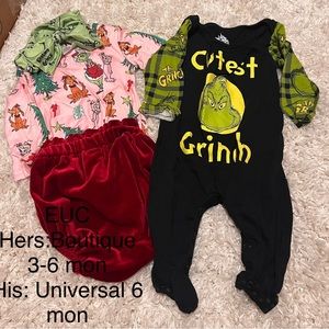 Grinch B/G twin outfits, Hers Size 3-6 months and His 6 months